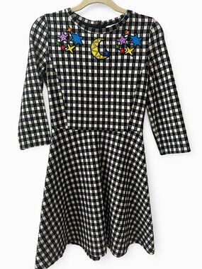 iBLUES Black White Gingham Knit Dress Women M 160/84A Long Sleeve Fit Flare